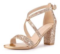 Perphy Glitter Open Toe Crisscross Strap Chunky Heel Sandals for Women, Rose Gold, 6 UK