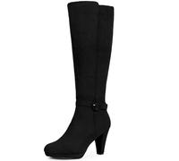 Perphy Low Platform Chunky Heels Buckle Knee High Boots for Women, Black, 4 UK