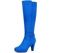 Perphy Low Platform Chunky Heels Buckle Knee High Boots for Women Royal Blue 6 UK/Label Size 8 US