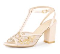 Perphy Peep Toe Floral Embroidered Heels Mesh Chunky Heel Sandals for Women Champagne 6 UK/Label Size 8 US