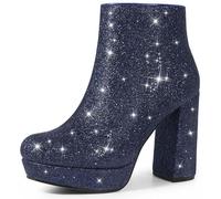 Perphy Platform Glitter Round Toe Chunky Heels Ankle Boots for Women Navy Blue 4 UK/Label Size 6 US