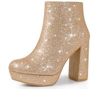 Perphy Platform Glitter Round Toe Chunky Heels Ankle Boots for Women Rose Gold 5 UK/Label Size 7 US