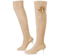 Perphy Rhinestone Flower Pointed Toe Stiletto Heel Over the Knee High Boots for Women Khaki 4 UK/Label Size 6 US