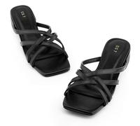 Perphy Square Toe Cross Strap Pearl Decor Chunky Heel Slide Sandals for Women Black 6 UK/Label Size 8 US