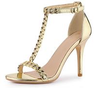 Perphy T Strap Rhinestone Ankle Strap Stiletto Heels Sandals for Women Gold 5 UK/Label Size 7 US