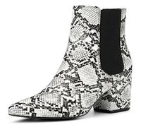Perphy Women Faux Leather Snake Print Pointed Toe Chunky Heel Ankle Boots