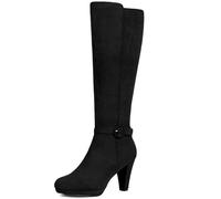 Perphy Women Faux Suede Chunky Heel Buckle Zip Up Knee High Platform Boots