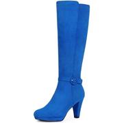 Perphy Women Faux Suede Chunky Heel Buckle Zip Up Knee High Platform Boots