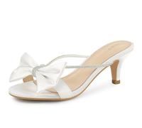 Perphy Women Satin Rhinestone Strap Bow Open Toe Kitten Heels Slide Sandals