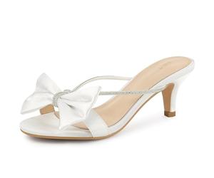 Perphy Women Satin Rhinestone Strap Bow Open Toe Kitten Heels Slide Sandals