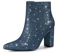 Perphy Women's Glitter Pointed Toe Chunky Heel Sparkly Booties Ankle Boots Navy Blue 5 UK/Label Size 7 US