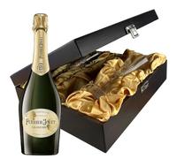 Perrier Jouet Grand Brut and Flutes in Wooden Hinged Presentation Box