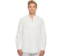Perry Ellis Men's Long-Sleeve Solid Linen Cotton Popover Shirt Button, Bright White, Large