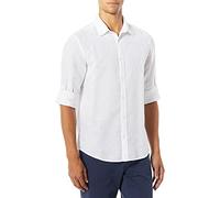 Perry Ellis Men's Rolled Sleeve Solid Linen Cotton Shirt Button, Bright White, Medium