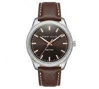 Perry Ellis Men's Solar Watch - Round Silver-Tone, Dark Brown Sunray Dial with Rose Gold Luminous Hands, Adjustable Brown Leather Strap, Water Resistant 3ATM, Quartz Analog Fashion Accessory
