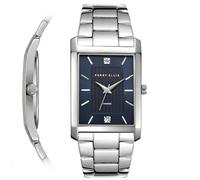 Perry Ellis Men's Watch - Rectangular Silver-Tone, Dark Blue Textured Dial with Diamond Accents, Silver Faceted Indexes, Stretch Bracelet, Quartz Analog Fashion Accessory