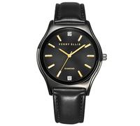 Perry Ellis Slim Diamond Men’s Watch - Black Sunray Dial, Gunmetal Leather Strap, Water-Resistant Analog