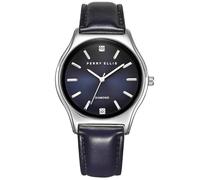 Perry Ellis Slim Diamond Men’s Watch - Blue Sunray Dial, Silver Leather Strap, Water-Resistant Analog