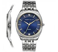 Perry Ellis Slim Diamond Men’s Watch - Dark Blue Sunray Dial, Silver Alloy Band, Water-Resistant Analog