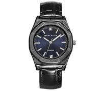 Perry Ellis Slim Diamond Men’s Watch - Octagon Green Sunray Dial, Brown Leather Strap, Silver Finish, Water-Resistant, Black, One size