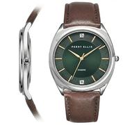 Perry Ellis Slim Diamond Men’s Watch - Round Green Dial, Brown Leather Strap, Silver Finish, Water-Resistant Analog, Silver, One size