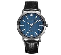 Perry Ellis Slim Diamond Men’s Watch - Round Green Dial, Brown Leather Strap, Water-Resistant Analog, Black, One size