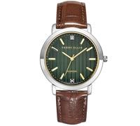 Perry Ellis Slim Diamond Men’s Watch - Round Green Dial, Brown Leather Strap, Water-Resistant Analog, Silver, One size, Classic