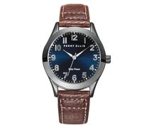 Perry Ellis Solar Men’s Watch - Round Blue Sunray Dial, Brown Leather Strap, Water-Resistant Analog