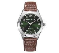 Perry Ellis Solar Men’s Watch - Round Green Sunray Dial, Brown Leather Strap, Water-Resistant Analog