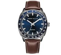 Perry Ellis Solar Powered Men's Watch - Vegan Leather Analog Wrist Watch for Men, Water-Resistant 43mm with Aluminum Tachymeter Bezel, Elegant Gift Choice, Burgundy, 43
