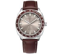 Perry Ellis Solar Powered Men's Watch - Vegan Leather Analog Wrist Watch for Men, Water-Resistant 43mm with Aluminum Tachymeter Bezel, Elegant Gift Choice, Blue, 43