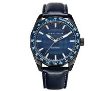 Perry Ellis Solar Powered Mens Watch | Vegan Leather Water-Resistant Analog Wrist Watches for Men | 42mm Case | Aluminum Tachymeter Bezel | Elegant Gift for Man, Navy, Dress