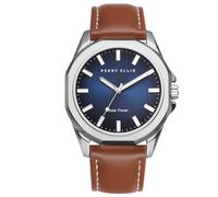 Perry Ellis Solar Powered Mens Watch | Vegan Leather Water-Resistant Analog Wrist Watches for Men | 42mm Case | Relojes para Hombres | Elegant Gift for Man, Silver, Dress