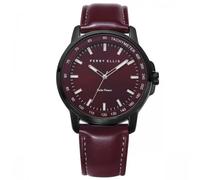 Perry Ellis Solar Powered Mens Watch | Vegan Leather Water-Resistant Analog Wrist Watches for Men | 43mm Case | Aluminum Tachymeter Bezel | Elegant Gift for Man, Burgundy, Dress