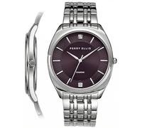 Perry Ellis Ultra Slim Diamond Men’s Watch - Dark Blue Sunray Dial, Silver Alloy Band, Water-Resistant Analog, Silver/Burgundy
