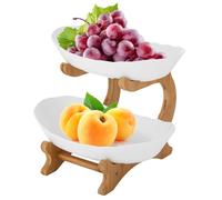 Perseavance 2-Tier Fruit Baskets for Kitchens, Plastic Fruit Bowls for Table Oval Bowl Set with Natural Rack, Serving Plate for Fruit and Veg Storage (2-Tier, White Bowls)