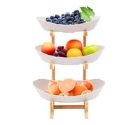 Perseavance 3-Tier Fruit Baskets for Kitchens, Plastic Fruit Bowls for Table Oval Bowl Set with Natural Rack, Serving Plate for Fruit and Veg Storage (3-Tier, Beige Bowls)