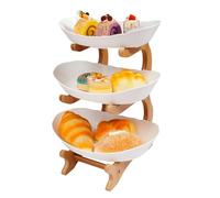 Perseavance 3-Tier Fruit Baskets for Kitchens, Plastic Fruit Bowls for Table Oval Bowl Set with Natural Rack, Serving Plate for Fruit and Veg Storage (3-Tier, White Bowls)