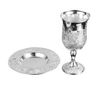 PERSELOSO Decorative Kiddush Cup Set Silver Plated Zinc Alloy with Footed Wine Goblet for Jewish Festivals and Sabbath Use Including Saucer for Holiday Gatherings