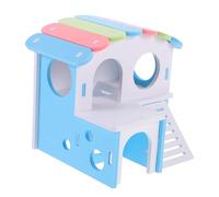 PERSELOSO Double-layer Guinea Pig Hideout House Blue Roof, Large Hamster Villa Tunnel and Hideouts, Wooden Small Animal Habitat for Hamsters and Guinea Pigs, for Cage Accessories and Small Pets