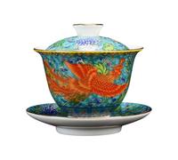 PERSELOSO Enamel Painted Ceramic Tea Bowl with Lid Green Phoenix Pattern, Chinese Style Teacup Set for Household Tea Brewing and Home Decor