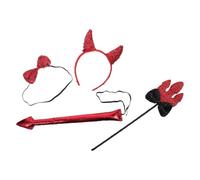PERSELOSO Halloween Devil Cosplay Kit with Sparkly Devil Horns Headband, Adjustable Bow Tie, Bendable Demon Tail and Trident Wand, Comfortable Wear for Youth and Women at Carnival Parties
