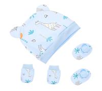 PERSELOSO Newborn Baby Hat Mittens Socks Set for Boys and Girls Cotton Three-piece Blue Giraffe Pattern Soft Protecting Accessories for Infant Everyday Wear