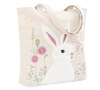 Perseverance Trade Easter Bag Bunny Embroidery Canvas Tote Bag for Women Reusable Large Easter Gift Bags with Pocket & Buckle Cute Rabbit Treat Basket for Spring Party Shopping Grocery, Purple Rabbit