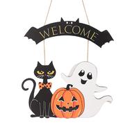 Perseverance Trade Halloween Wooden Door Hanging Sign Decorations with Cute Ghost Pumpkin Black Cat Halloween Welcome Front Door Hanger Wreath Yard Wall Decor for Home Halloween Party Outdoor Indoor