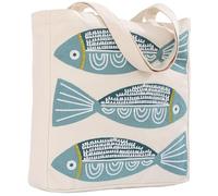 Perseverance Trade Ocean-Themed Embroidery Tote Bag for Women Summer Canvas Beach Bag Reusable Bag for Shopping Grocery Book, Teal Blue Fish, L