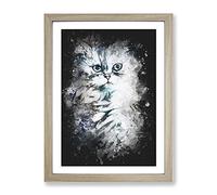 Persian Cat Paint Splash Modern Framed Wall Art Print, Ready to Hang Picture for Living Room Bedroom Home Office Décor, Oak A4 (34 x 25 cm)