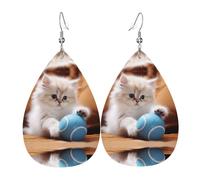 Persian cat playing with a ball Pattern leather earrings | Water drop-shaped printed earrings, suitable for daily/party/dating scenes