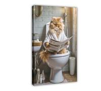 Persian Cat Reading The Newspaper on The Toilet Canvas Poster Wall Art Decor Print Picture Paintings for Living Room Bedroom Decoration 12x18inch(30x45cm)