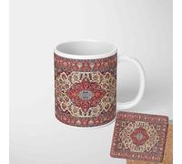 Persian Rug Mug Oriental Carpet Design Cup Boho Tapestry Pattern Vintage Style Drinkware Coffee Tea Cup Gift for Home Office Decor Antique Rug Inspired Mug and Coaster Set